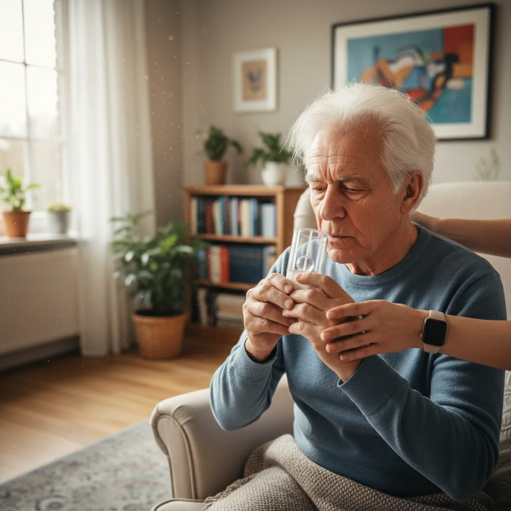 COPD-patiënt doet ademhalingsoefeningen thuis begeleid door kinesitherapeut