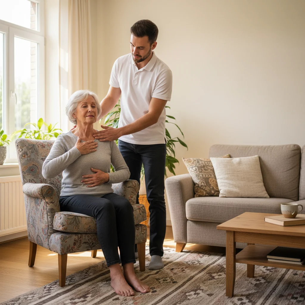 Kinesitherapeut begeleidt COPD-patient bij ademhalingsoefeningen thuis