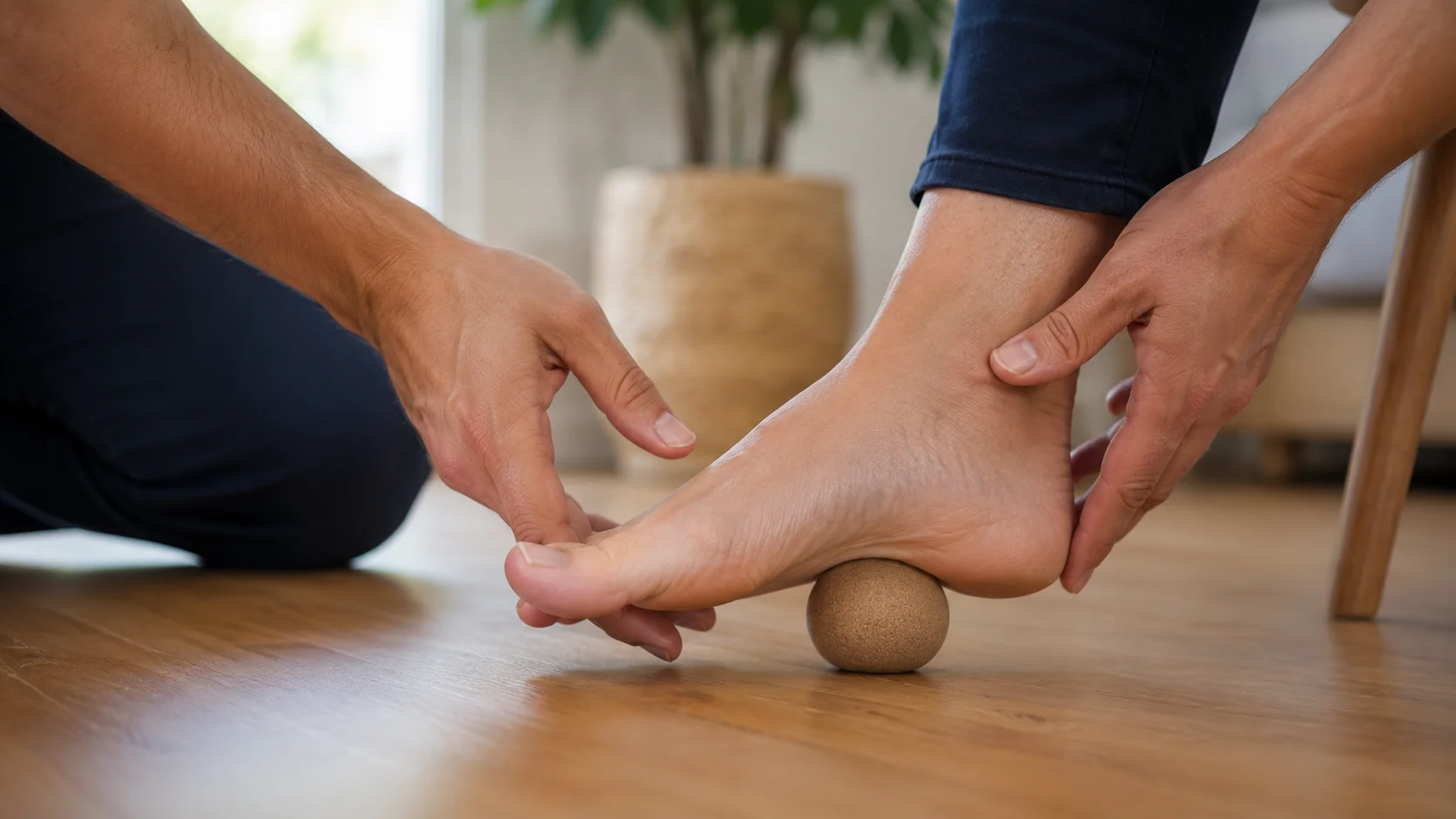 Voet rolt over een massagebal — rek- en mobilisatieoefening bij hielspoor en fasciitis plantaris