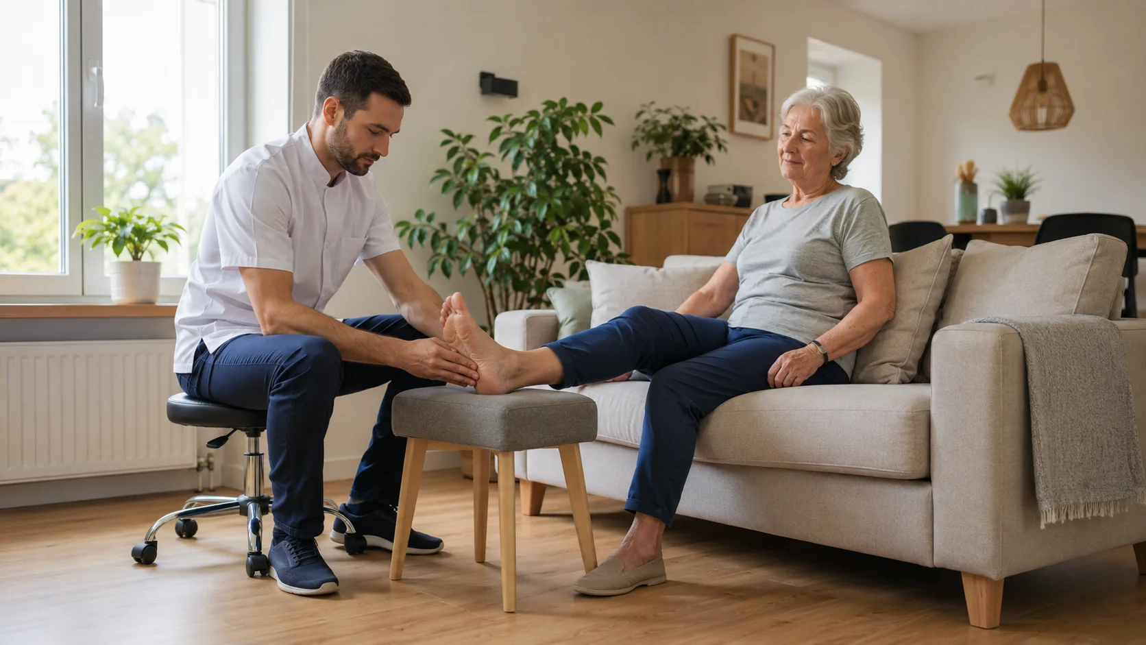 Kinesitherapeut behandelt hielpijn en fasciitis plantaris bij een patiënt thuis