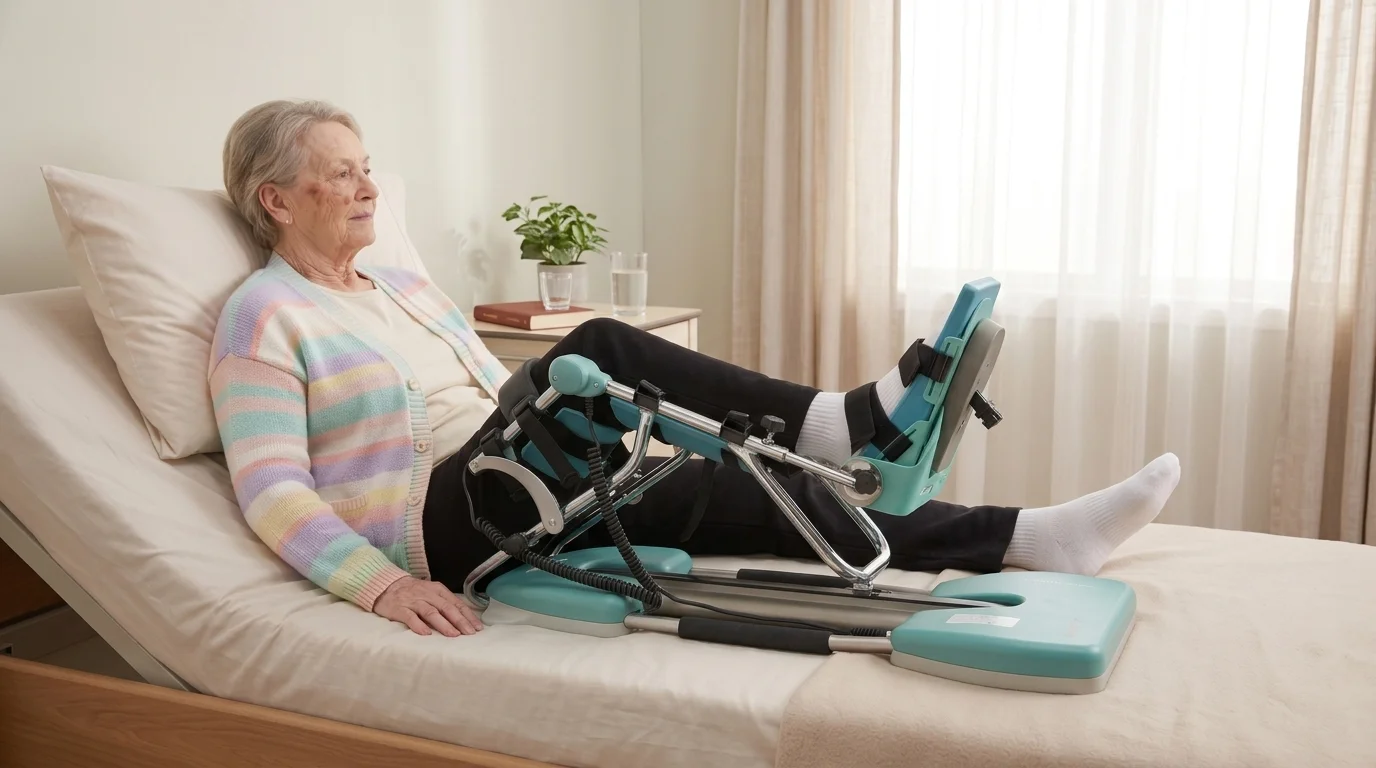 Patiënt gebruikt Kinetec CPM machine thuis na een knie-osteotomie HTO