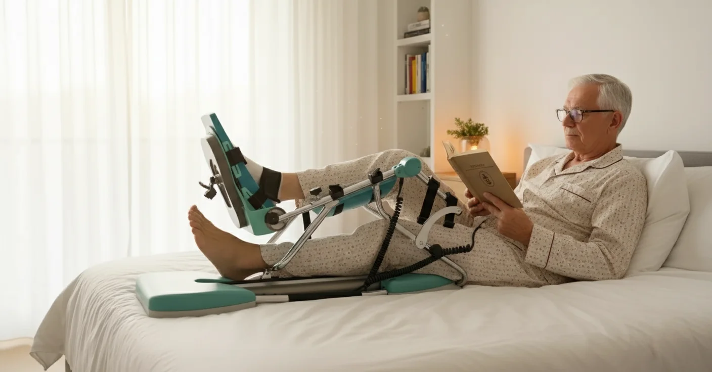 Oudere man gebruikt rustig de Kinetec CPM machine in de woonkamer terwijl hij een boek leest
