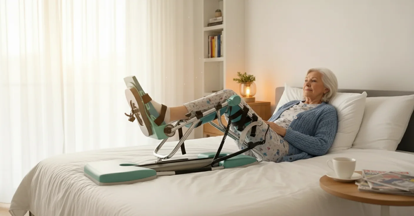 Oudere vrouw gebruikt Kinetec CPM machine comfortabel in haar slaapkamer thuis