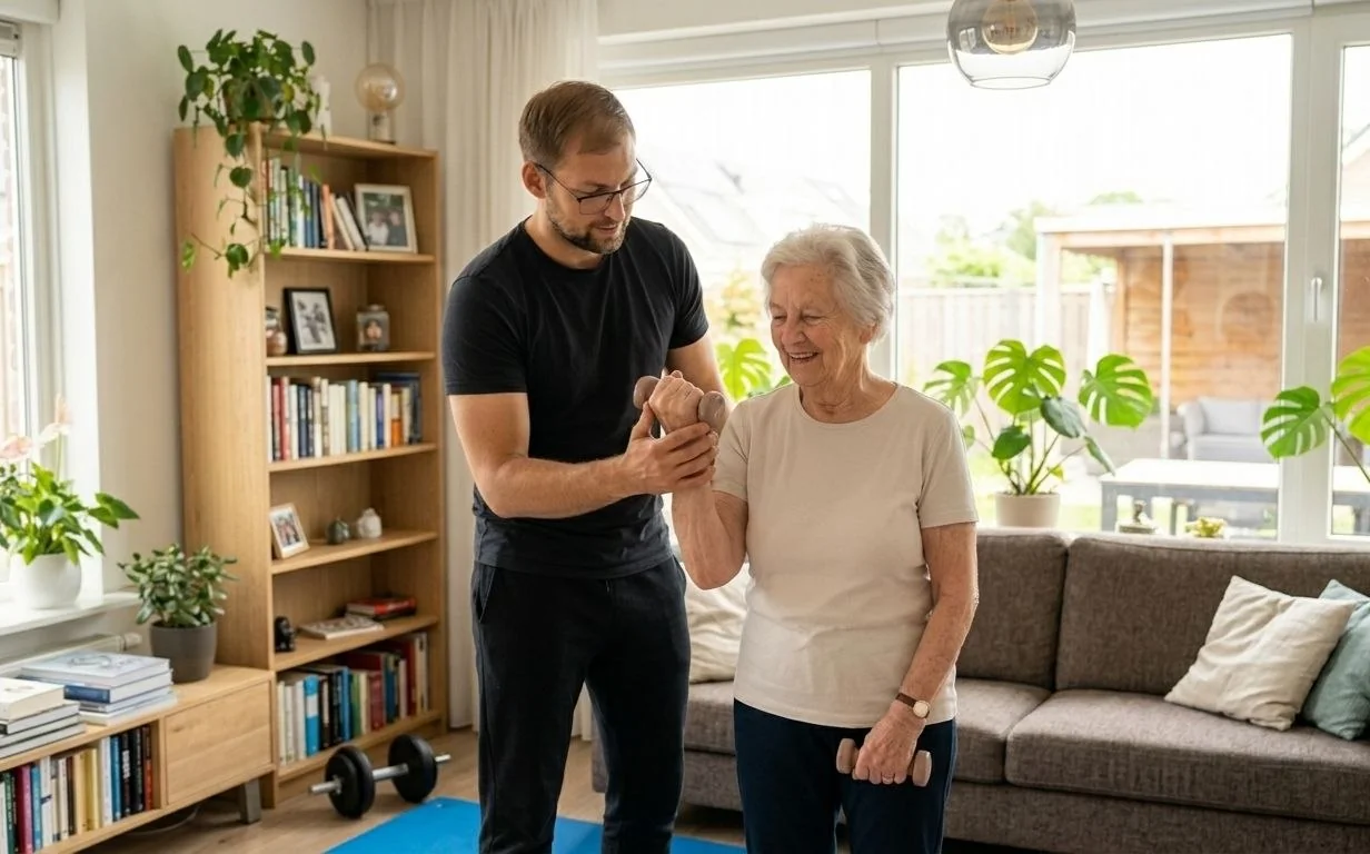 Kinesitherapeut begeleidt oudere patiënt bij krachtoefeningen thuis — kinesitherapie aan huis Grimbergen