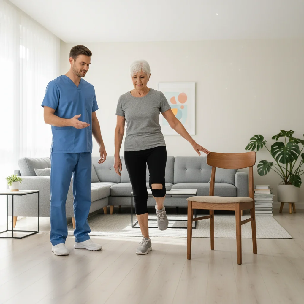 Ouder persoon doet balans oefening voor knieprothese herstel onder begeleiding kinesitherapeut