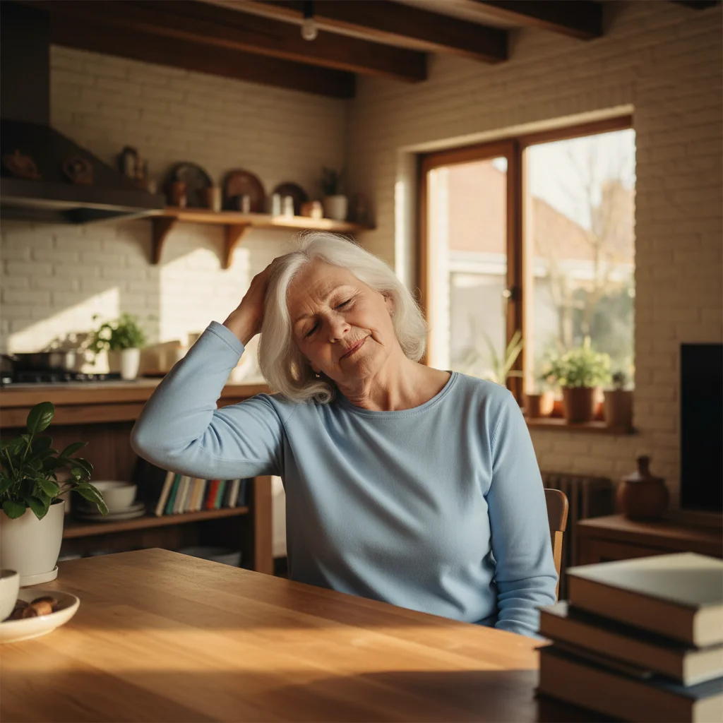 Oudere vrouw doet een eenvoudige nekoefening thuis aan tafel ter behandeling van cervicale nekpijn