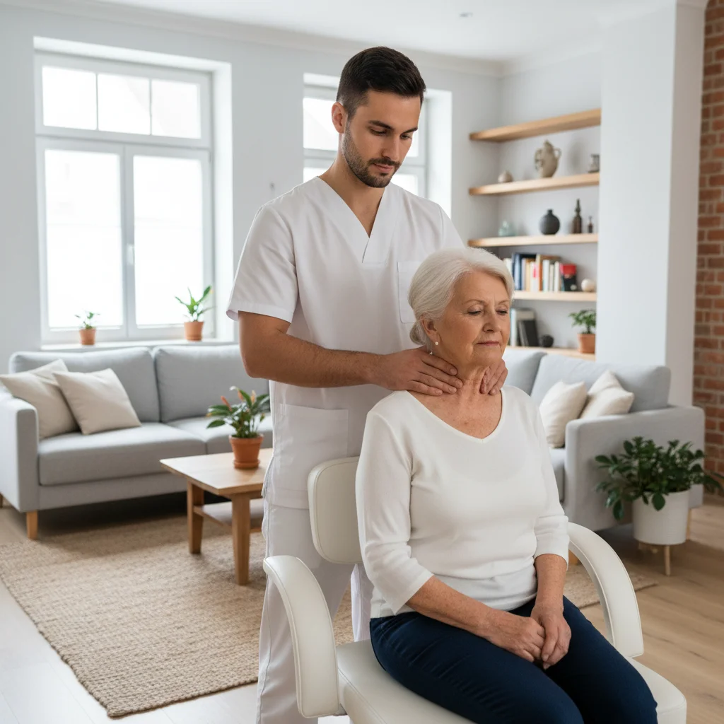 Kinesitherapeut behandelt nekpijn bij oudere vrouw aan huis
